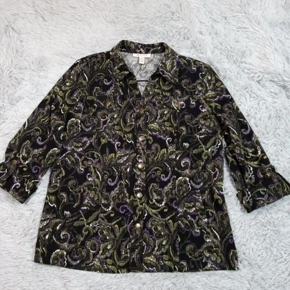 JM Collection Womens Shirt Button Green 12 Roll Tab Sleeve Floral‎ Faux Pockets - Picture 1 of 11